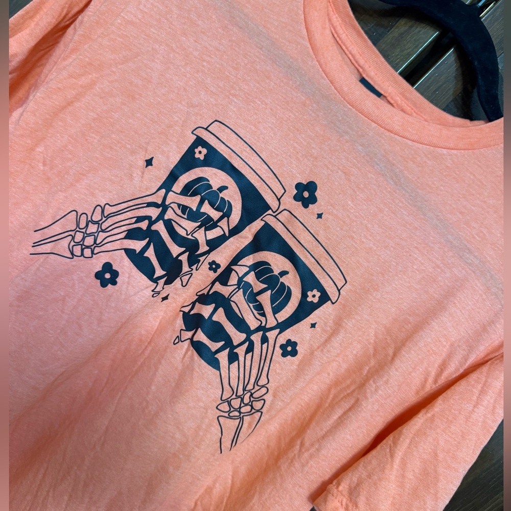Handmade Spooky Season Skeleton Coffee Graphic Tee Orange L